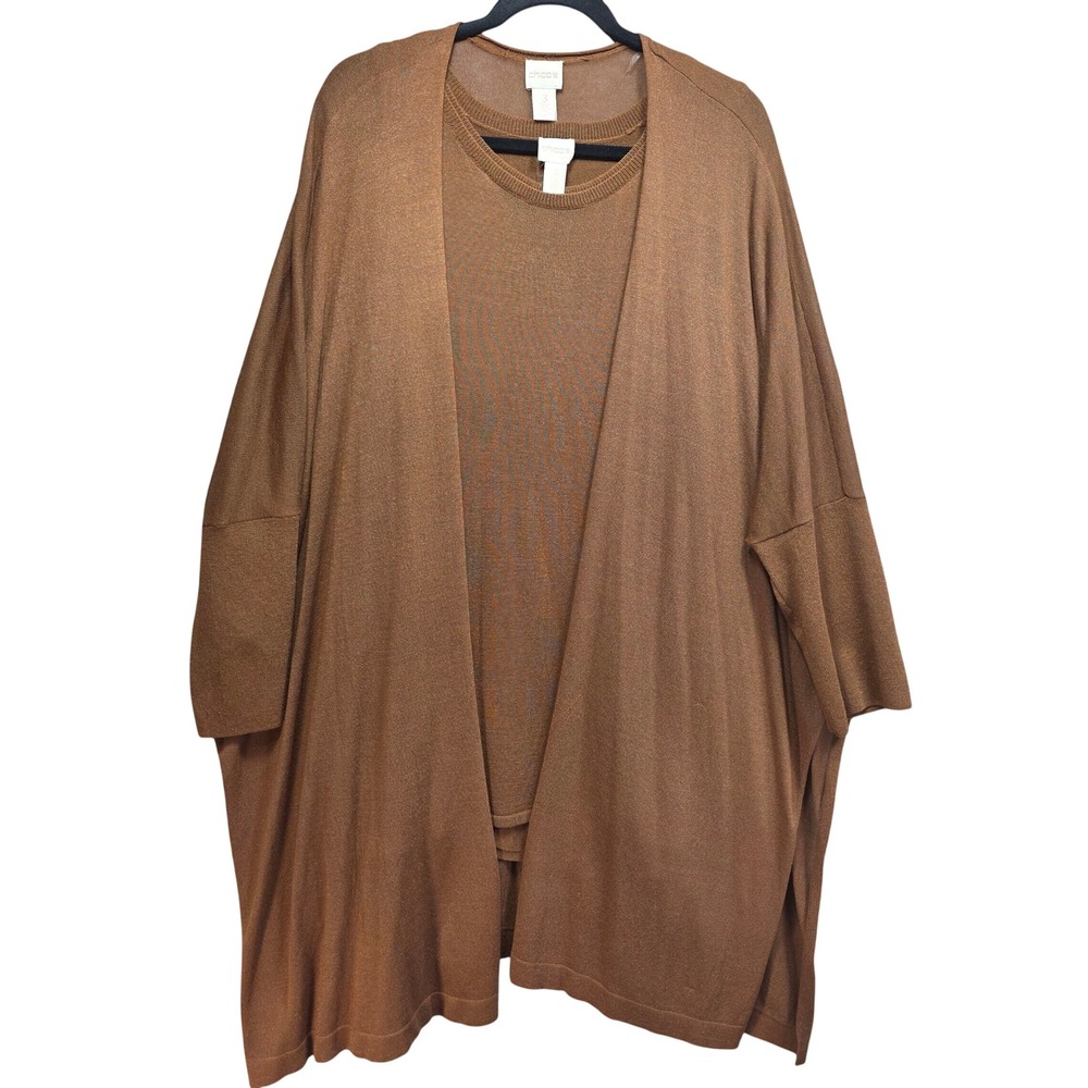 Chicos Sz 3 XL 2 Piece Cardigan Tank Set Metallic Shimmer Long Duster Brown Fall